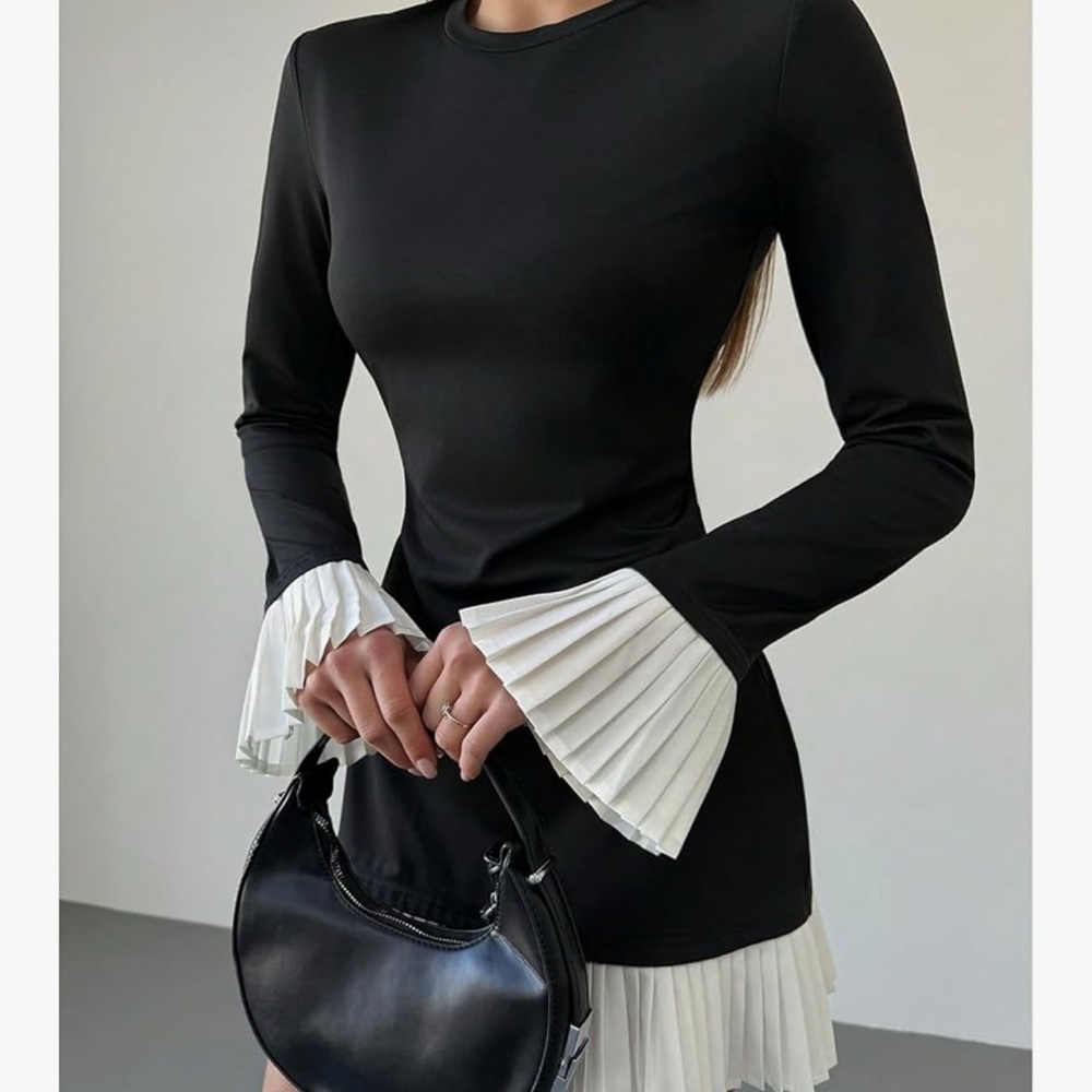 Elegant Black and White Pleated Dress